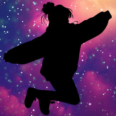 realistic girl jumping with a bun and oversized sweatshirt