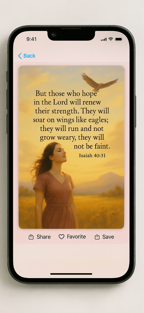 Uma tela calmante do aplicativo Devocional Diário Para Mulheres mostrando o versículo bíblico Isaías 40:31 sobre uma ilustração de pôr do sol cênico.