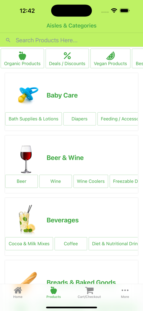 Garden Grocer Delivery - Garden Grocer mobile app showing grocery categories for resort delivery including baby care and beverages