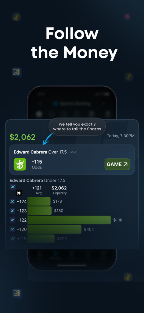 OddsJam: Sharp Sports Betting - オッズジャムモバイルアプリのインターフェース、リアルタイムのシャープマネー追跡とプレイヤープロップのベッティング流動性を表示