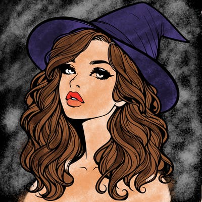 realistic witch girl with wavy hair and lips