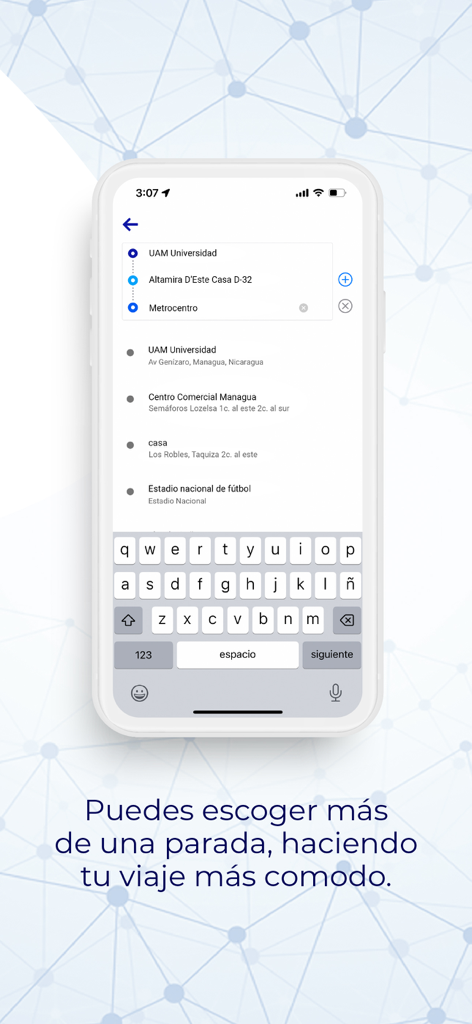 Aventón - La interfaz de la aplicación Aventon que muestra a un usuario seleccionando múltiples paradas para su viaje.