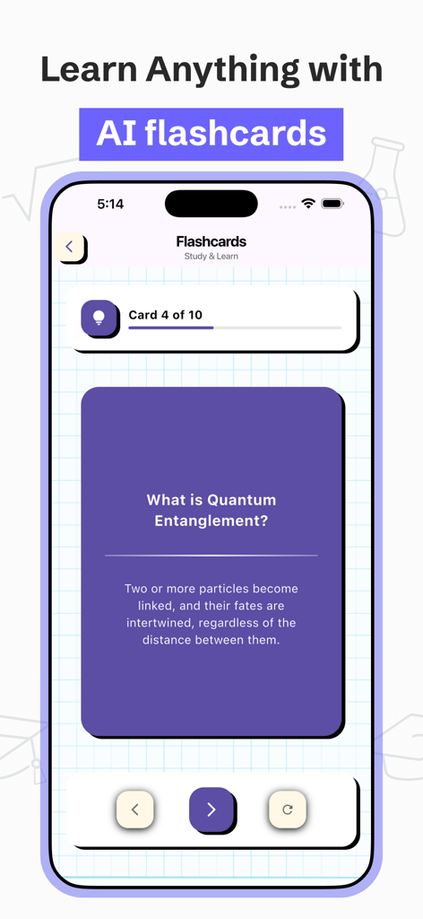 A digital flashcard explaining quantum entanglement within the Feynman AI Notes Taker app interface