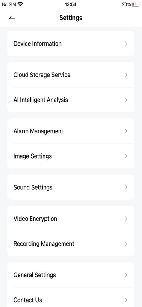 FONDAIL - Settings screen of the FONDAIL app featuring device information cloud storage and alarm management options.