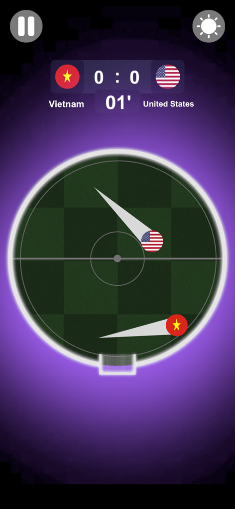ベトナムとアメリカの国旗マーブルが円形のピッチにあり、フリック軌道インジケーターが表示されているマーブルフットボールゲームのトップダウンビュー。