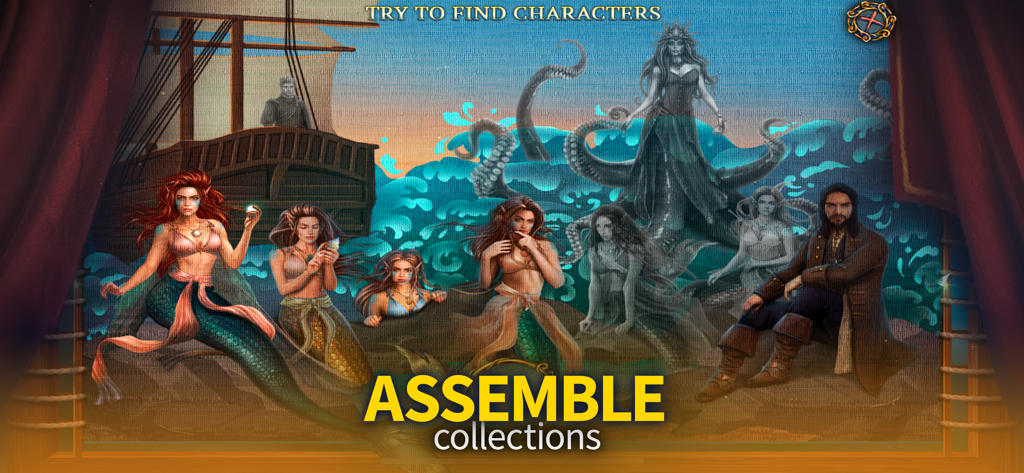 Living Legends: Voice - A collection of mermaid and pirate characters in a maritime fantasy hidden object game scene.