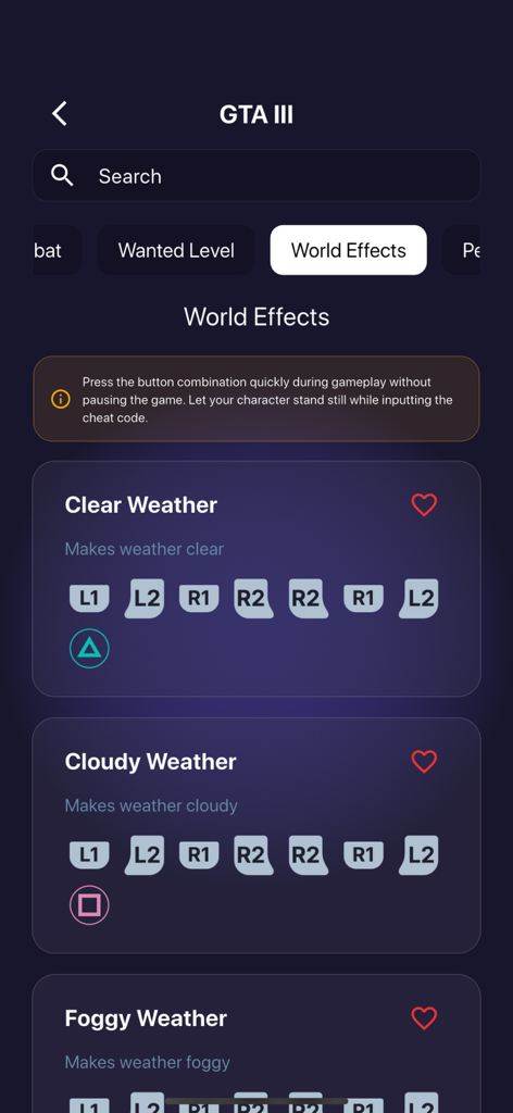 Ein Bildschirm aus der App Alle Cheats für GTA, der Wetter-Welteffekt-Cheat-Codes für GTA 3 auf PlayStation anzeigt.