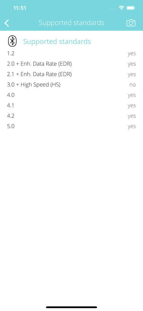 Una lista de versiones y estándares Bluetooth compatibles que se muestran en la aplicación móvil Información de Bluetooth.
