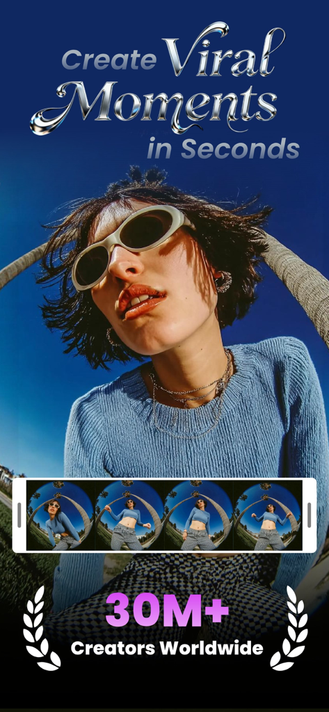 Clipfly - AI Video Generator - Clipfly AI Video Generator promotional screen featuring a stylish creator and 30 million creators worldwide milestone