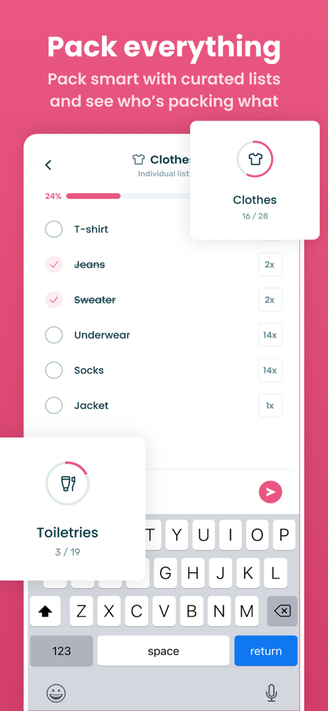 Eine intelligente Reise-Packliste in der Stippl-App mit kategorisierten Checklisten für Kleidung und Toilettenartikel mit Fortschrittsverfolgern.