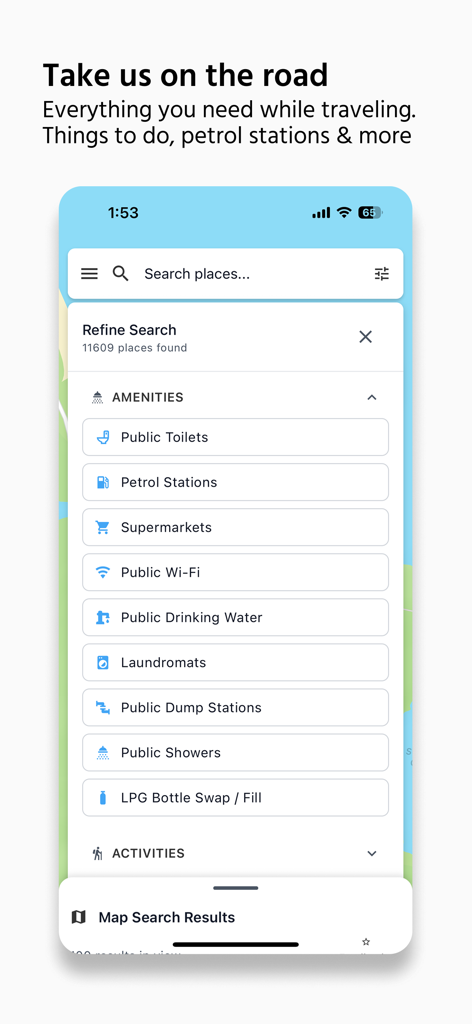 CamperMate Australia & NZ - CamperMateアプリのインターフェース。ガソリンスタンドや公衆トイレなどのロードトリップアメニティフィルターを表示しています。