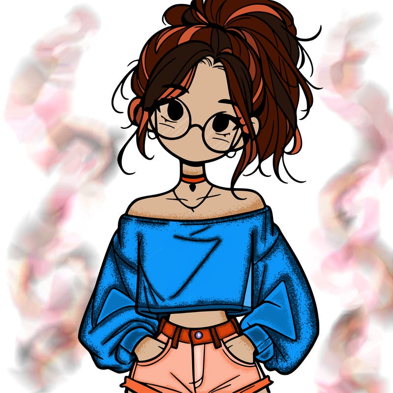 girl with a messy ponytail glasses a baggy crop top and jean shorts