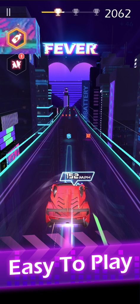 Beat Racing - Um carro esportivo de luxo vermelho correndo em uma pista neon em uma cidade synthwave com o modo febre ativo.