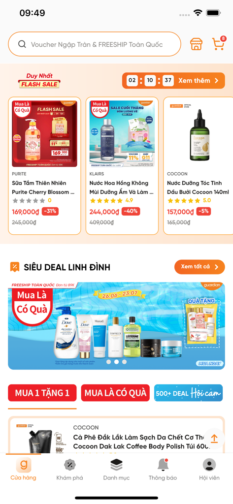 Página principal de la aplicación Guardian VN que muestra ventas flash y ofertas de productos de belleza.