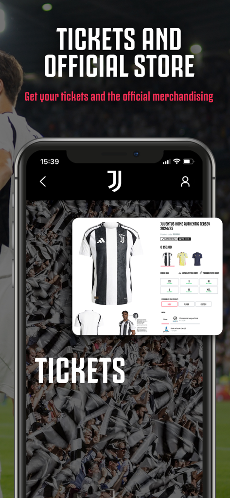 L'interfaccia dell'app ufficiale della Juventus mostra lo store e la schermata di acquisto biglietti con una maglia della squadra.