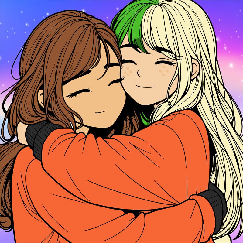 realistic two girls hugging