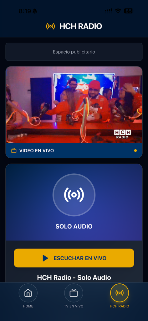 HCH Radio interface showing live video and audio streaming options