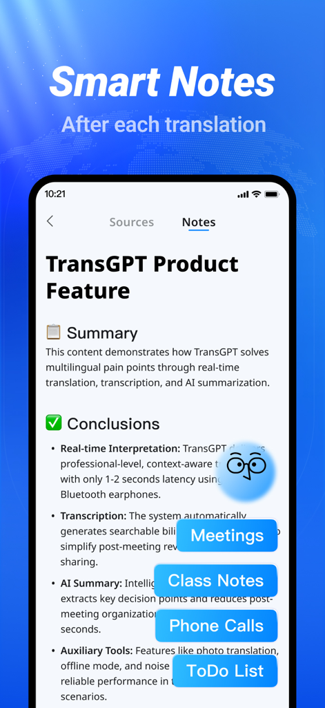 Interface of TransGPT app showing the Smart Notes feature with AI-generated meeting summaries and session conclusions