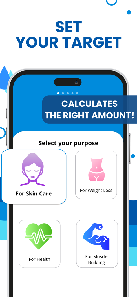 Water Reminder - Drink - A mobile app screen showing options to select a hydration purpose such as skin care weight loss health or muscle building