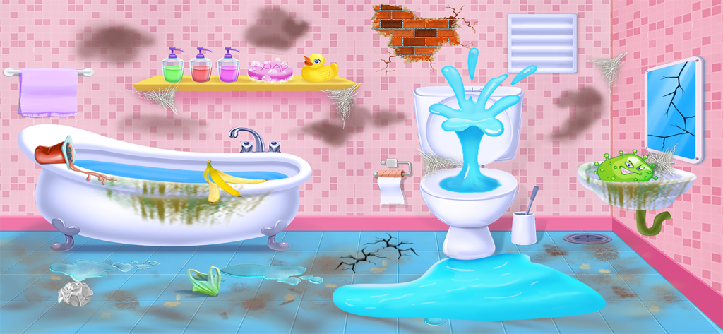 Home CleanUp - Keep Home Clean - 子供向けのお掃除ゲームで、汚れや溢れたトイレのある散らかったバスルームの様子