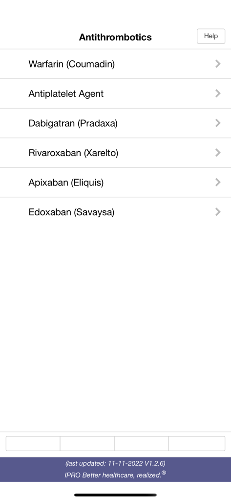 MAPPP - MAPPP clinical app screen showing a list of antithrombotic medications including Warfarin and Eliquis for clinician selection.