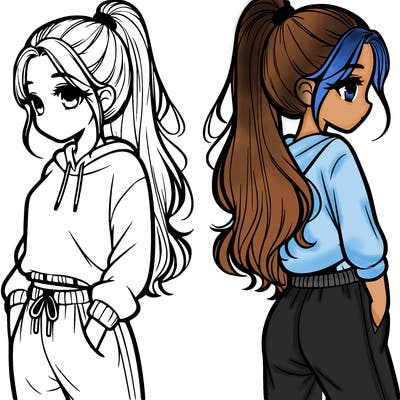 girl that is realistic with a pony tail and comfy outfit