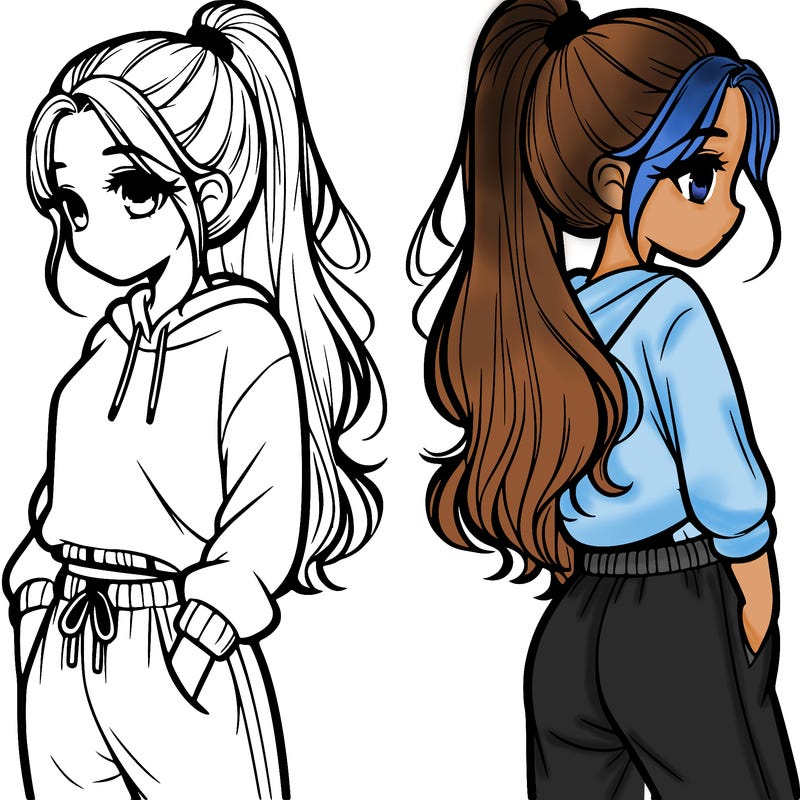 girl that is realistic with a pony tail and comfy outfit