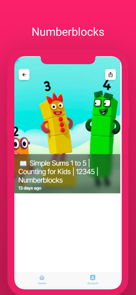 アニメーションの数字キャラクターを使った簡単な足し算と数え方を学ぶためのビデオが表示されているNumberblocksアプリのスクリーンショット。