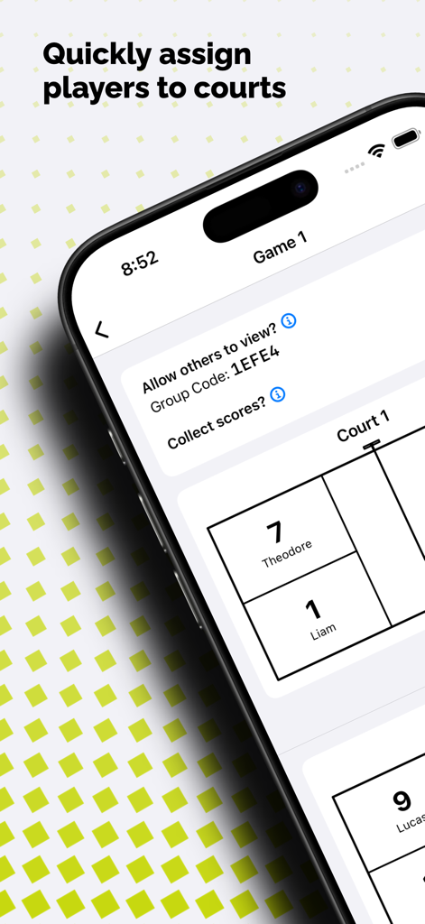 Pickleball Pro - Interface of the Pickleball Pro app showing players Theodore and Liam assigned to Court One for a round robin game