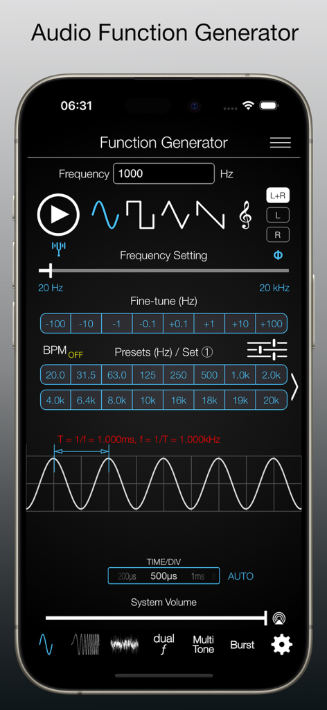 Audio Function Generator app screen showing frequency controls and sine wave visualization