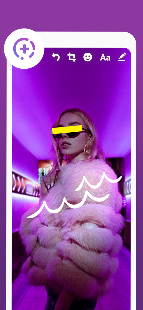 Connected2me app interface showing a photo editor with an anonymous user wearing a pink fur coat