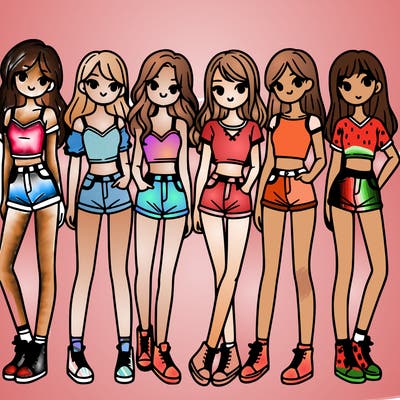 a group of girls wearing crop tops and shorts