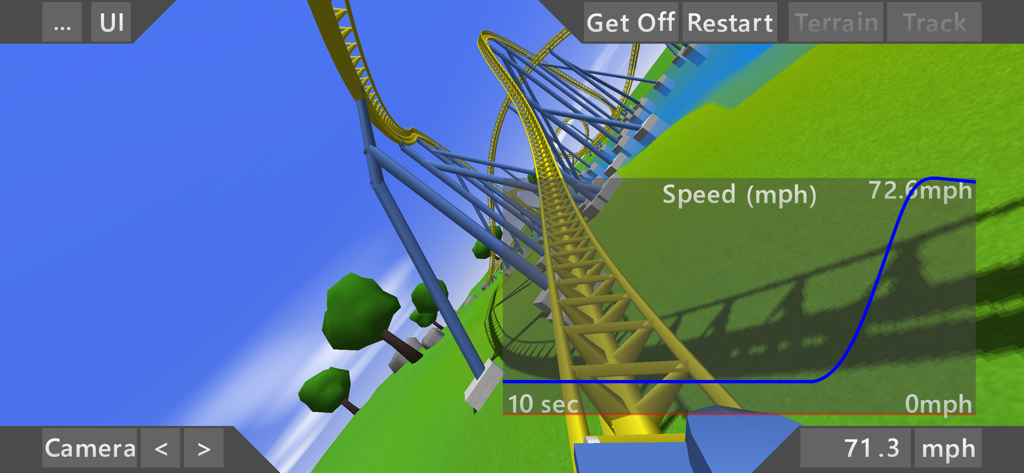 Ultimate Coaster 2 - First person POV of a yellow roller coaster in Ultimate Coaster 2 showing a real time speed graph and technical UI