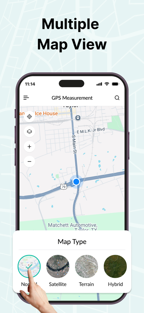 GPS Area Measure Map - Opciones de vista de mapa múltiple en la aplicación GPS Area Measure que muestran modos satelital y de terreno