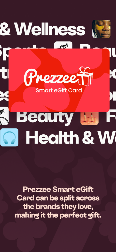 Red Prezzee Smart eGift Card displayed over beauty and health shopping categories