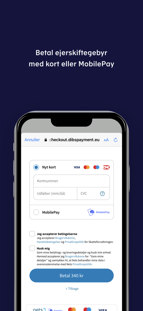 Écran de paiement dans l'application Ejerskifte montrant les options de paiement pour les frais de transfert de propriété de véhicule.