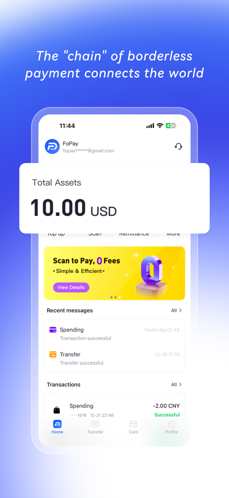 FoPay - stable coin payment - FoPay app home screen showing total assets balance and recent transaction history