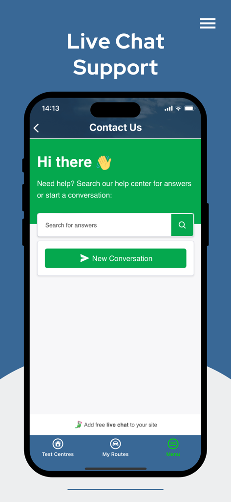 Captura de tela da interface de suporte de chat ao vivo no aplicativo Rotas de Teste de Condução com uma barra de pesquisa e botão de nova conversa