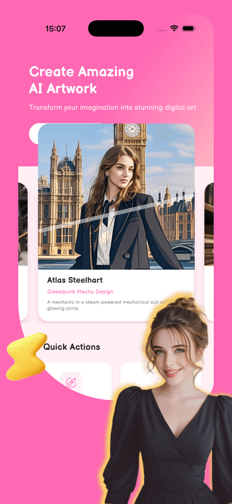 Captura de tela da interface do aplicativo Halyr mostrando a criação de arte com IA e um design de personagem de anime dieselpunk