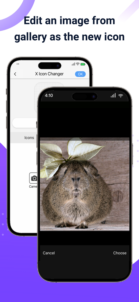 X Icon Changer: Customize Icon - X Icon Changer 앱 인터페이스로, 사용자 정의 앱 아이콘으로 사용하기 위해 갤러리에서 개인 사진을 선택하는 프로세스 표시