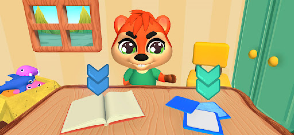 Koko i Poko - Personaje de ardilla de dibujos animados sentado en un escritorio con un libro abierto y tarjetas de memoria en la aplicación educativa Koko i Poko.