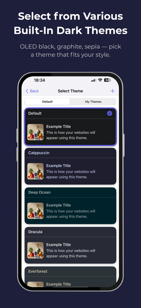 Shade: Dark Mode for Safari - Shade app interface displaying various built-in dark themes for Safari browsing