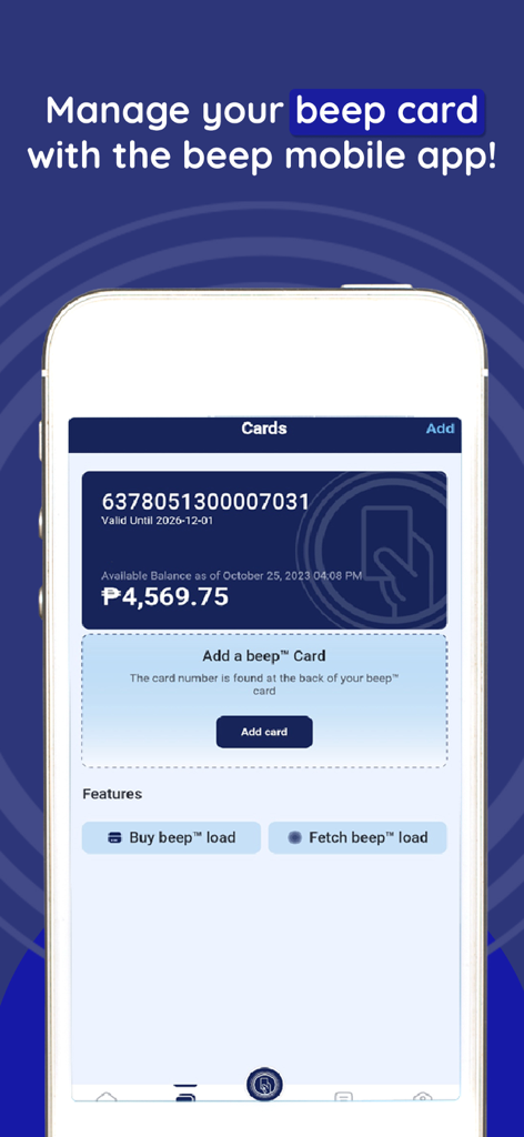 Interface of the beep app on a smartphone showing a transit card with a balance of 4569.75 pesos and options to add cards or buy load.