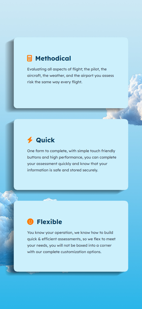 Simple FRAT - A visual summary of Simple FRAT features highlighting its methodical quick and flexible flight risk assessment capabilities