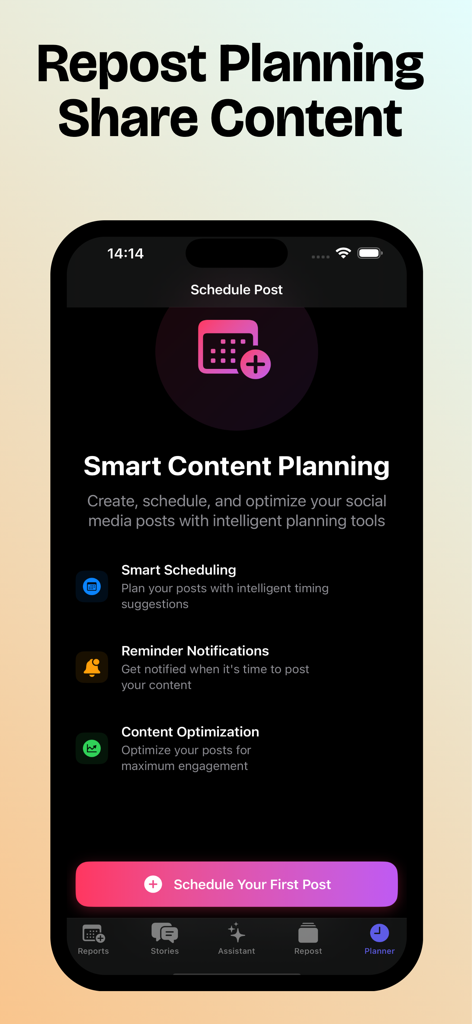Reports+ Unfollowers Tracker - Interfaccia dell'app che mostra strumenti intelligenti di pianificazione, programmazione e ottimizzazione dei contenuti per i social media