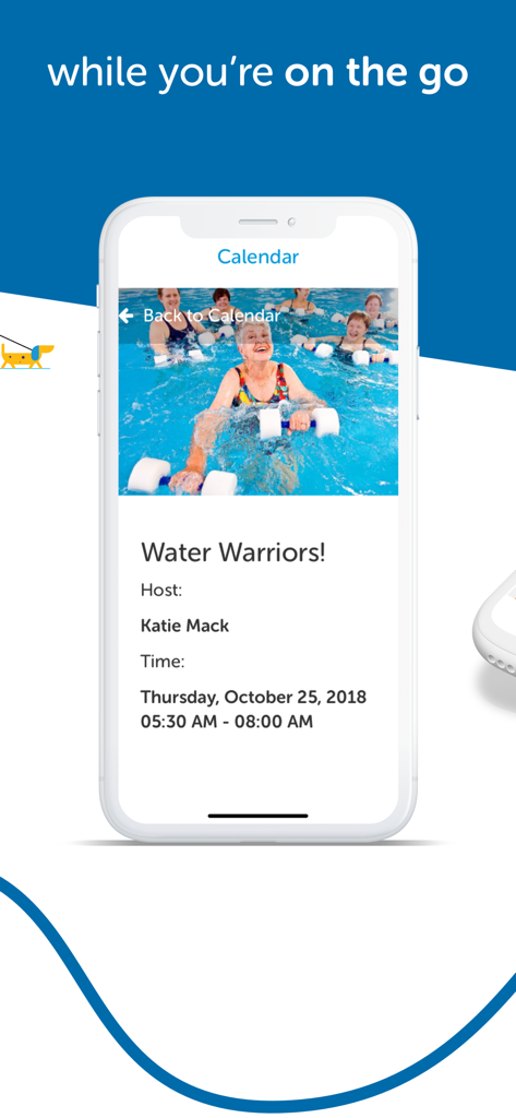 Go Icon Community App - Smartphone screen showing a senior water aerobics class event detail within the Go Icon Community App calendar