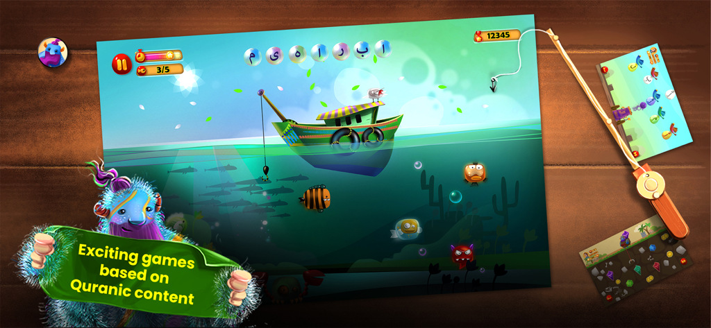 An educational fishing game for kids featuring Arabic letters and a boat, as part of the Quran Stories 4 Kids app.