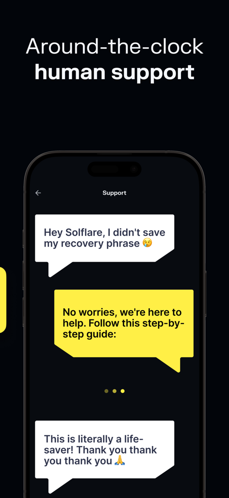 Eine Chat-Oberfläche innerhalb der Solflare-App, die 24/7 menschlichen Support für Hilfe bei Krypto-Wallets demonstriert.