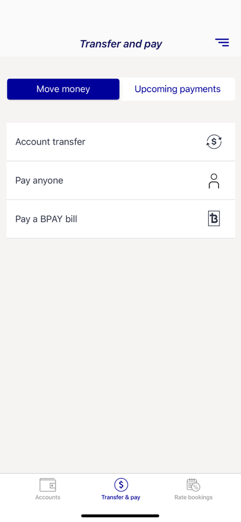 Rabobank AU - Rabobank AU mobile app interface for transferring money and paying bills