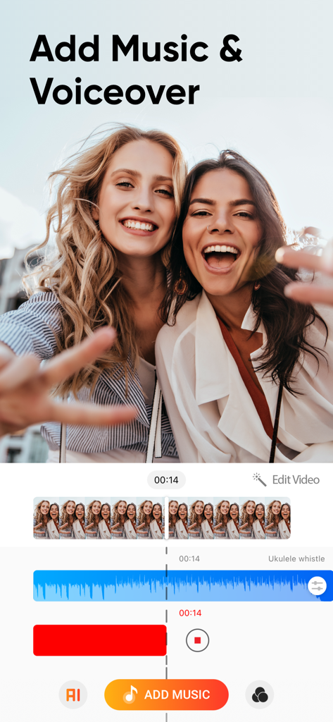 Interface de l'application Add Music to Video Editor montrant la superposition audio multipiste pour la musique et les voix off sur une vidéo de médias sociaux.